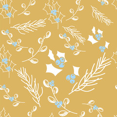 Vector. Merry Christmas, Happy New Year seamless pattern with leaves, berries, holly and spruce branches. Seamless winter background. Design for wrapping paper, greeting cards, textiles, branding.