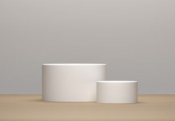 Minimalistic cylinders podiums made of white plastic against a light wall. Template, abstract background. 3d rendering