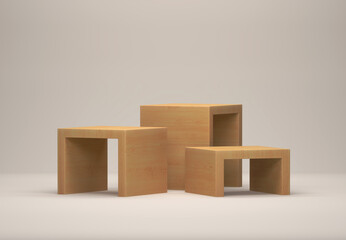 Minimalistic square hollow podiums made of light wood against a light wall. Template, abstract...