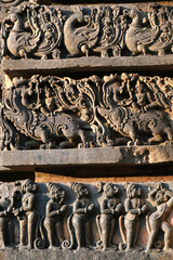 Sculptures on the outer walls of Hoysaleswara Temple at Halebidu, the former capital of the Hoysala, Karnataka.