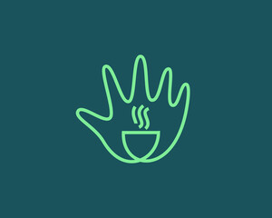 Fototapeta na wymiar Abstract a cup with steam sign in the palm logo design. Minimalist continuous line drink, vector relax, break icon sign logotype.