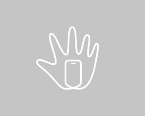 Continue line art of hand holding a smartphone. Universal gadget, device, app vector sign symbol logotype.