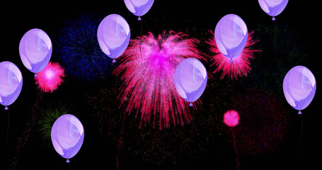 Image of lilac balloons with colourful christmas and new year fireworks exploding in night sky