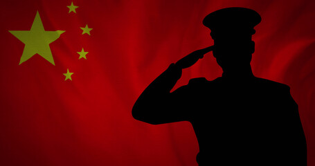 Image of flag of china over silhouette of soldiers
