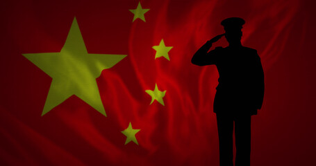 Image of flag of china over silhouette of soldiers