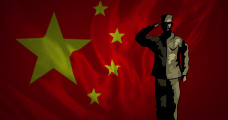 Image of flag of china over silhouette of soldiers