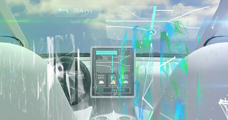Image of network of connection and data processing over dashboard in self drive car