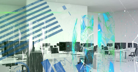 Image of statistics and data processing over computers on office desks