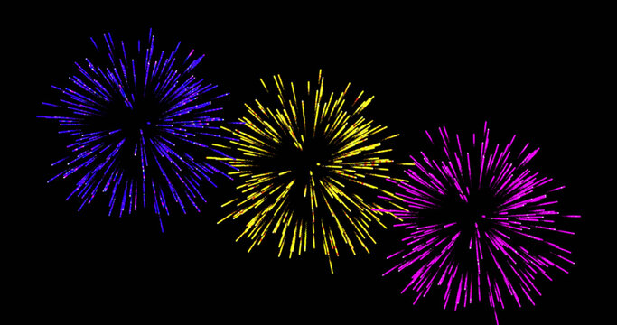 Image of colourful christmas and new year fireworks exploding on black background