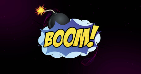 Image of boom text over neon shapes on black background © vectorfusionart
