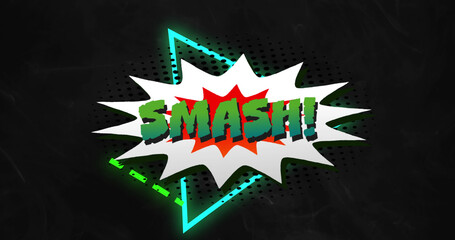 Image of smash text over neon triangles on black background