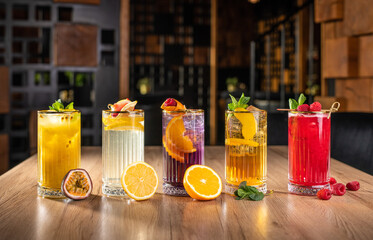 Fresh lemonade drinks with various delicious fruits