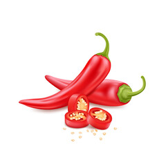 Red hot chili pepper slice with seeds, realistic vector for packaging, snacks, design.