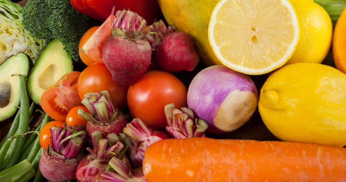Image of fresh organic vegan food with fruit and vegetables