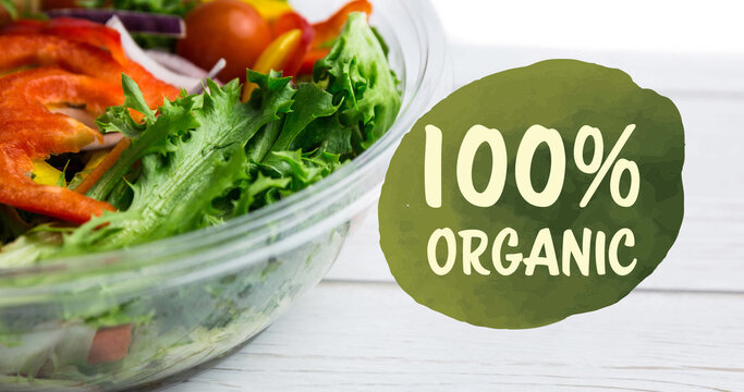 Image of 100 percent organix text in green over fresh organic vegetable salad in bowl on wood