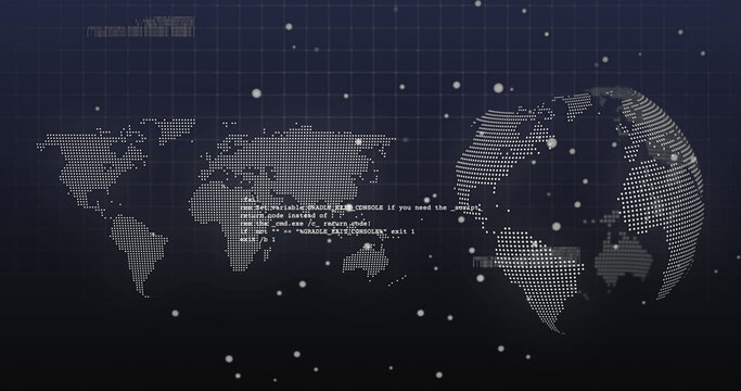 Image of dots and data processing over world map and rotating globe on navy background