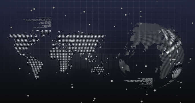 Image of dots and data processing over world map and rotating globe on navy background