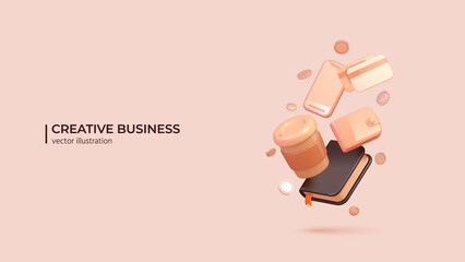 Business as an important part of modern life. Realistic 3d design of business life items in cartoon minimal style. Vector illustration