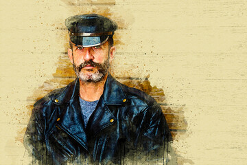 handsome bearded man dressed in black leather  in watercolor style - obrazy, fototapety, plakaty