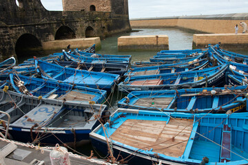 Blue boats at Sqala du Port in Essaouira, Morocco 2018
