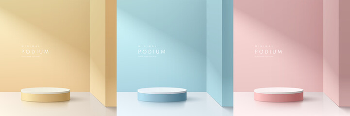 Set of pink, yellow, blue and white realistic 3d cylinder pedestal podium with pastel clean room. Abstract minimal wall scene for mockup products stage showcase, Promotion display. Light and shadow.
