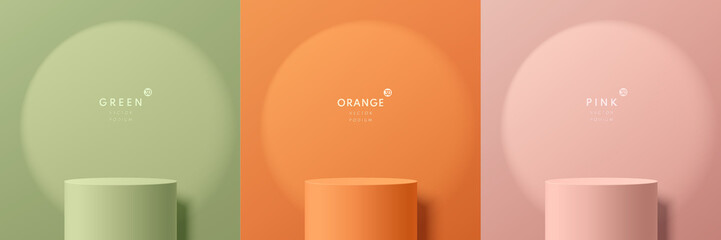 Set of green, orange, pink realistic 3D cylinder stand or podium with spotlight and shadow in round shape. Abstract minimal scene for mockup products display. Stage showcase. Vector geometric forms. - obrazy, fototapety, plakaty