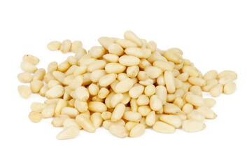 Bunch of pine nuts isolated on white background, vegetarian snack.