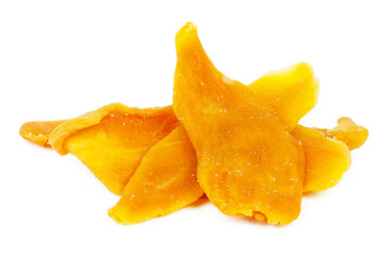 Fototapeta na wymiar Slices of dried orange mango cut out on a white background.