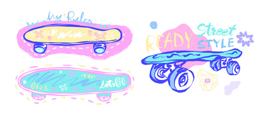 Bright illustrations with a skateboard, lettering. Summer print design for t-shirts. Hand drawing, sketch.