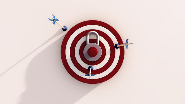 3D Illustration Of A Target With A Arrows And Padlock On It As Bullseye, Casting A Long Shadow Isolated On White Background. Security Defense, Cyber Defense, DDoS Attack Concept.