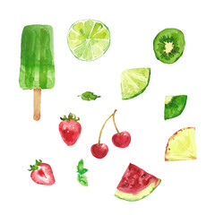 Green red summer fruits, ice cream - watermelon, kiwi, cherry, lime - watercolor illustration