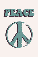 Retro poster with "PEACE" slogan in retro colors with Peace symbol. Vector PEACE and pacific symbol print for t-shirt, sticker, poster.