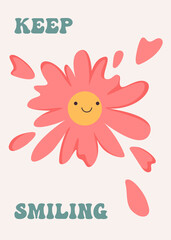 70s retro poster with daisy flower with smile. Vector print with 