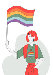 LGBT concept. Young woman holding a LGBT rainbow flag. Vector illustration in flat cartoon style. Love concept. gay parade, pride month.