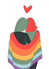 LGBT concept. Bisexual couple hugging and holding lgbt flag. LGBT rainbow flag. Vector illustration in flat cartoon style. Love concept. gay parade, pride month.