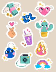 Cute sticker pack with hipster elements. Big creative set including cactus, fire, money, instant camera, Korean heart . Cartoon style illustration set made in vector. - 508659268