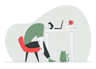 Tired man sleeps on the desktop. Burnout concept. A laptop, a mug of coffee, documents are on the desktop. Cute cat under the table.