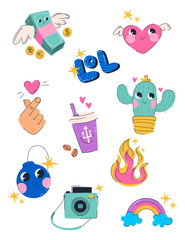 Cute sticker pack with hipster elements. Big creative set including cactus, fire, money, instant camera, Korean heart . Cartoon style illustration set made in vector. - 508659272