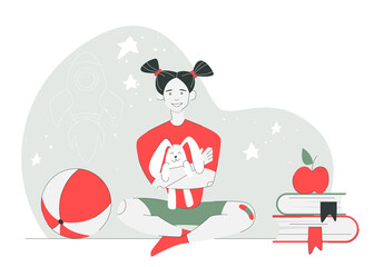 Illustration of a child playing with toys and a ball. A little girl hugs a toy rabbit. Starry sky and a rocket on the background.