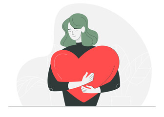 Young woman holding a big heart in her hands. Vector illustration of a woman. Love concept.