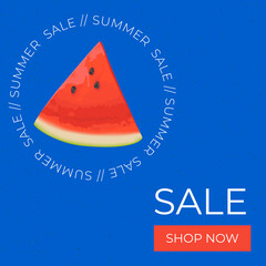 Summer sale square banner , template for social media, ads. Vector Summer sale banner in modern design with watermelon slices. Banner with button "Shop now".