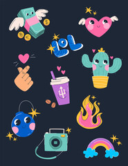 Cute sticker pack with hipster elements. Big creative set including cactus, fire, money, instant camera, Korean heart . Cartoon style illustration set made in vector.