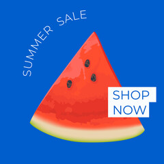 Summer sale square banner , template for social media, ads. Vector Summer sale banner in modern design with watermelon slices. Banner with button 