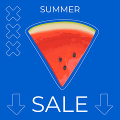 Summer sale square banner , template for social media, ads. Vector Summer sale banner in modern design with watermelon slices.
