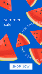 Summer sale vertical banner , template for social media, ads. Vector Summer sale banner in modern design with watermelon slices. Banner with button "Shop now".