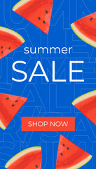 Summer sale vertical banner , template for social media, ads. Vector Summer sale banner in modern design with watermelon slices. Banner with button 