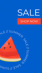 Summer sale vertical banner , template for social media, ads. Vector Summer sale banner in modern design with watermelon slices. Banner with button "Shop now".
