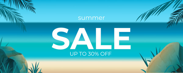 Summer sale horizontal banner , template for social media, ads. Vector Summer sale banner in  beautiful seaside landscape with palm branches. - 508659297