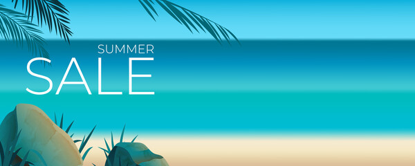 Summer sale horizontal banner , template for social media, ads. Vector Summer sale banner in  beautiful seaside landscape with palm branches. - 508659298