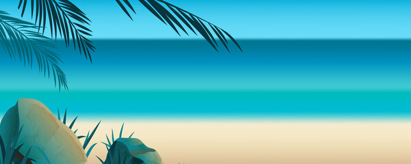 Summer blank horizontal banner , template for social media, ads. Vector Summer banner in  beautiful seaside landscape with palm branches. - 508659299